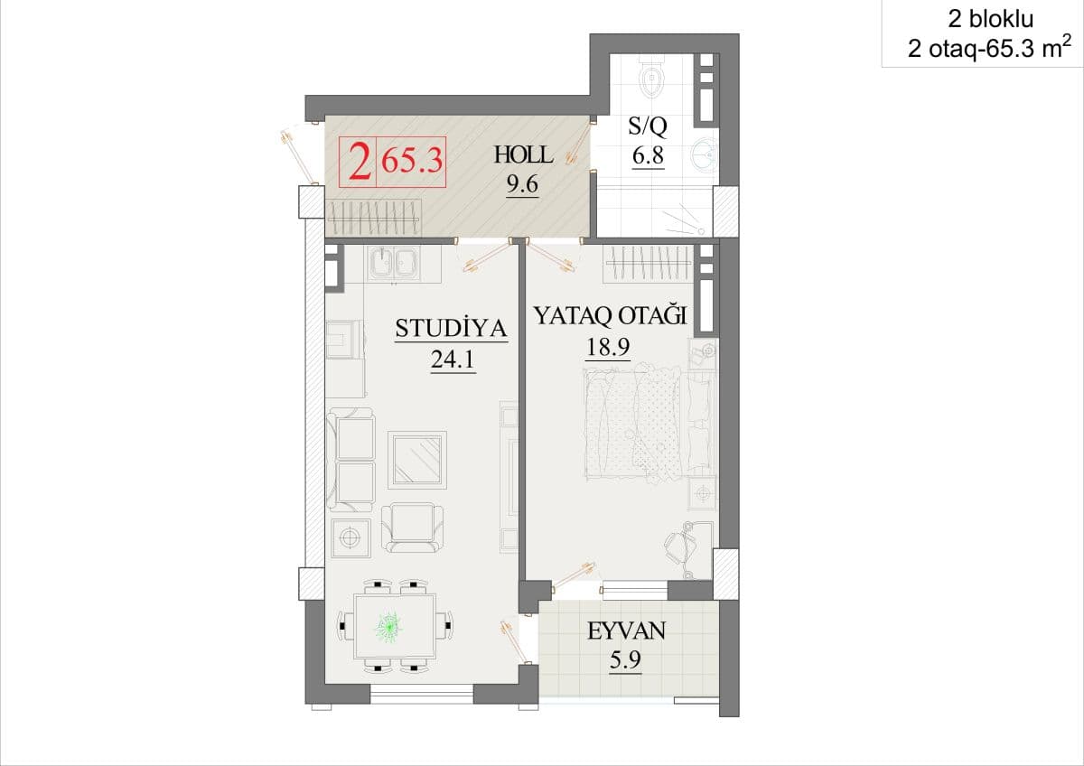 65.3 kvm, 2 otaqlı mənzil - ikibloklu bina