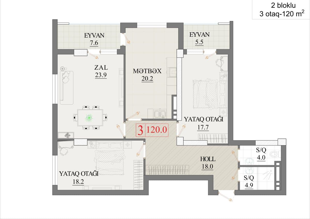 120 kvm, 3 otaqlı mənzil - ikibloklu bina - 2