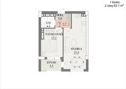 52.1 kvm, 2 otaqlı studiya - birbloklu bina