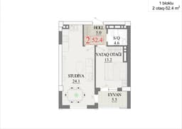 52.4 kvm, 2 otaqlı studiya - birbloklu bina