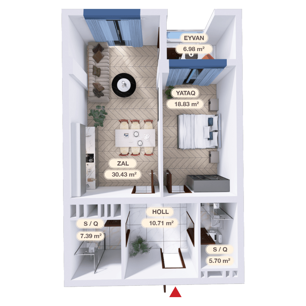 2 otaq studio,  80.04 kvm - 2