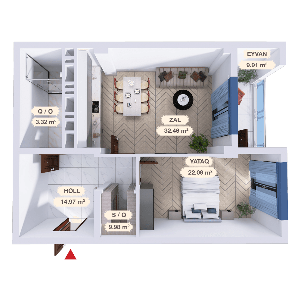 2 otaq studio,  92.73 kvm - 2