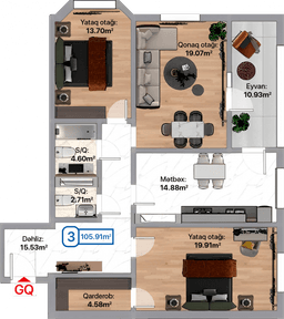 Blue City, 3 otaqlı menzil, 105.91 kvm, bina 1A, 1B, 1C, 1D, 1E, 1F, 1G, 1H, 1I, 1J, 1K