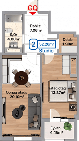 Blue City, 2 otaqlı studio, 52.26 kvm, bina 2A, 2B