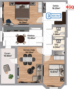 Blue City, 3 otaqlı mənzil, 101.17 kvm, bina 2A, 2B