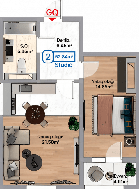 Blue City, 2 otaqlı studio, 52.84 kvm, bina 3A, 3C, 3F - 2