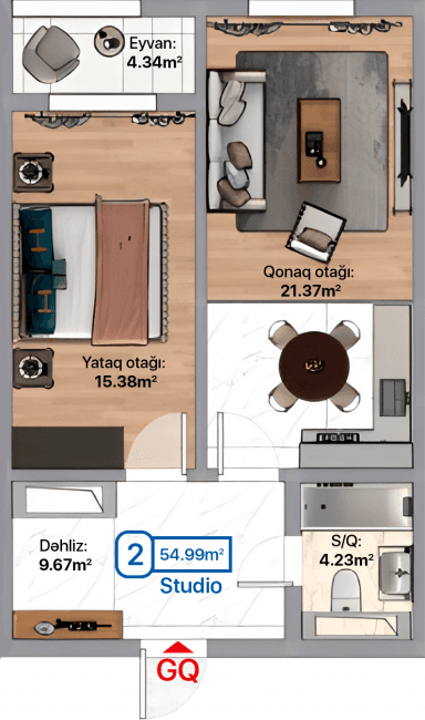 Blue City, 2 otaqlı studio, 54.99 kvm, bina 3A, 3C, 3F - 2