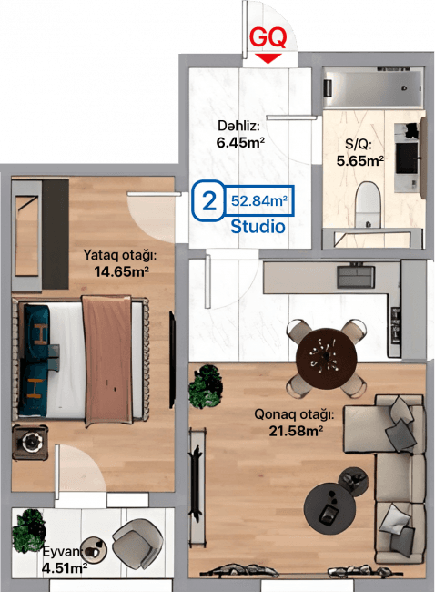 Blue City, 2 otaqlı studio, 52.84 kvm, bina 3B, 3D, 3E - 2