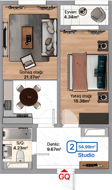 Blue City, 2 otaqlı studio, 54.99 kvm, bina 3B, 3D, 3E - 2