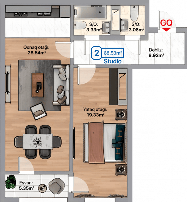 Blue City, 2 otaqlı studio, 68.53 kvm, bina 3B, 3D, 3E - 2