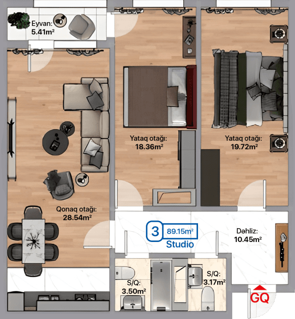 Blue City, 3 otaqlı studio, 89.15 kvm, bina 3B, 3D, 3E - 2