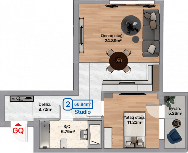 Blue City, 2 otaqlı studio, 56.84 kvm, bina 4B, 4D, 4E - 2