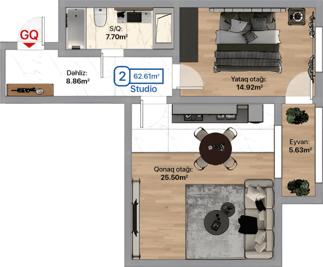 Blue City, 2 otaqlı studio, 62.61 kvm, bina 3B, 3D, 3E - 2