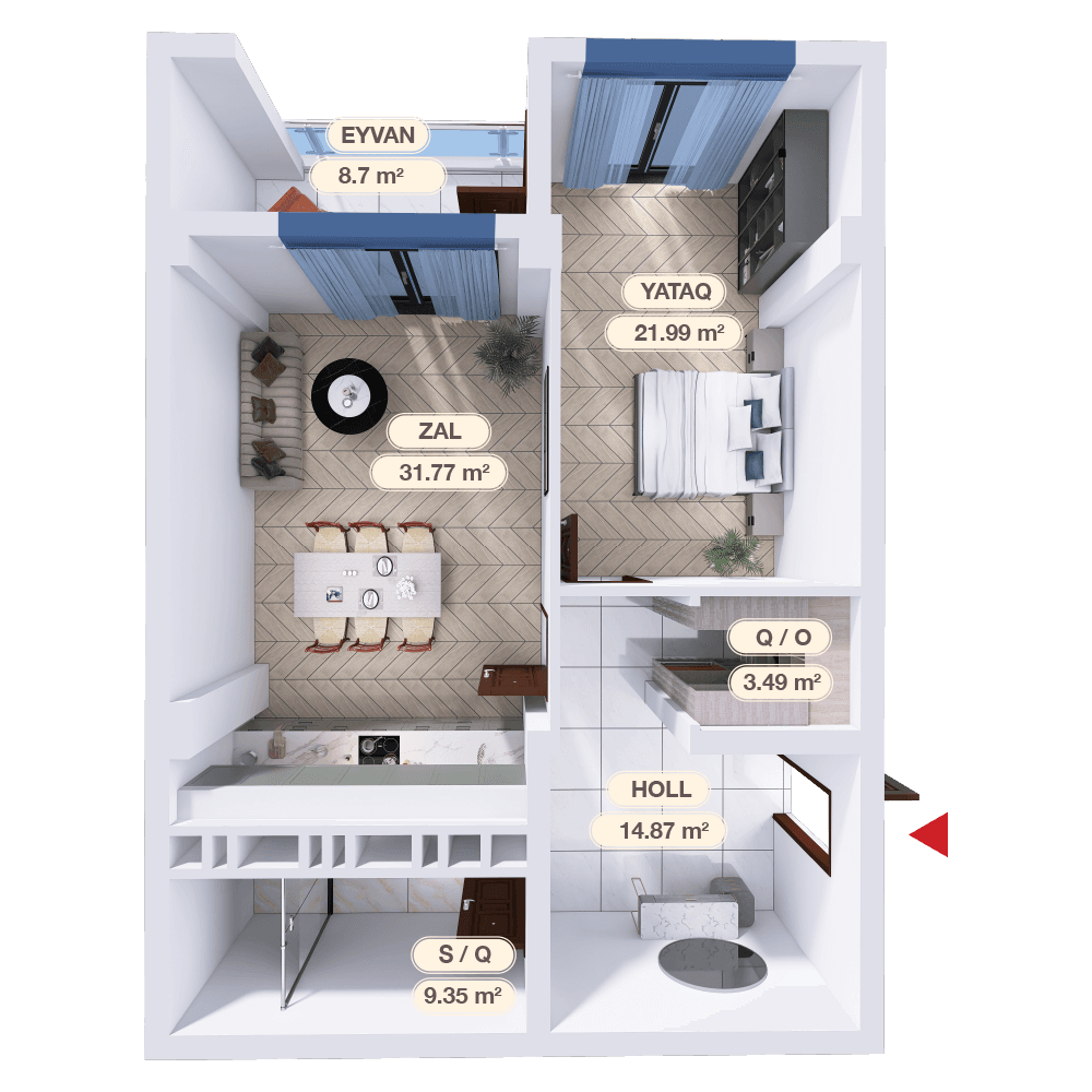 2 otaq studio,  90.16 kvm - 2
