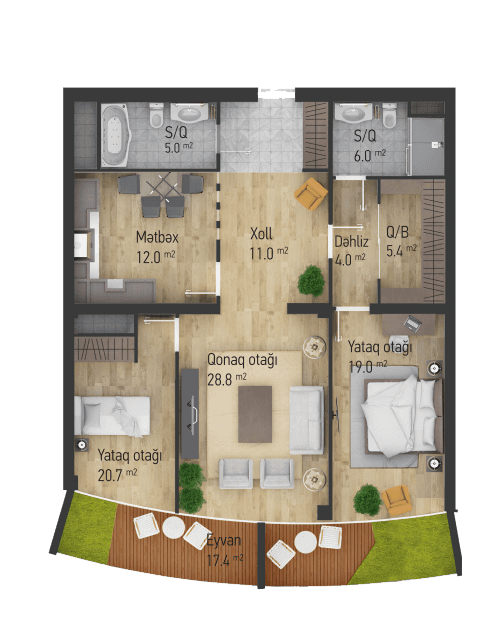 Dream Tower b 2 otaqli 116,00 kvm