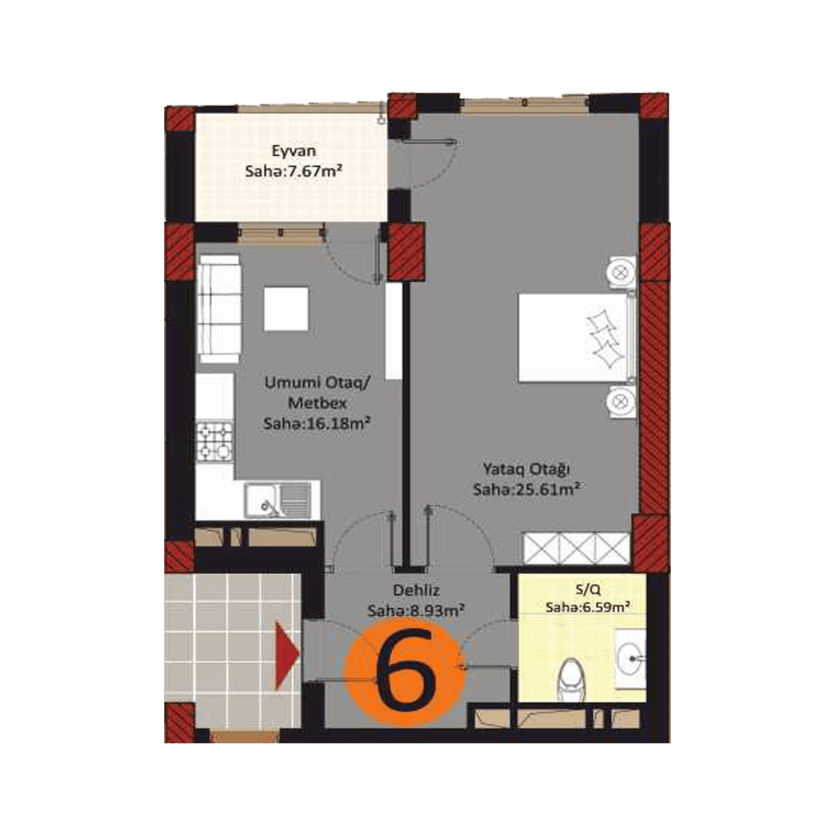 Baku Pearl Residence b 2 otaqli 65,00 kvm