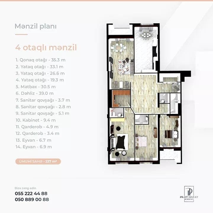 4 otaq 220 kv.m. - 2