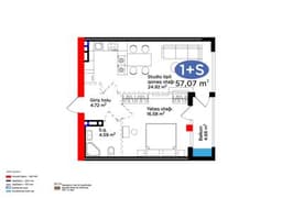 57.07 kvm, 2 otaqlı studio mənzil