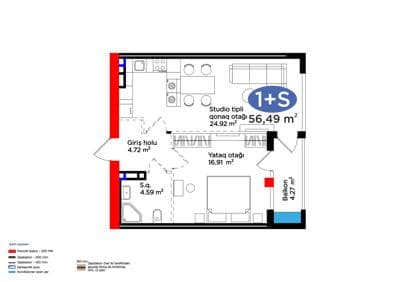 56.49 kvm, 2 otaqlı studio mənzil - 2