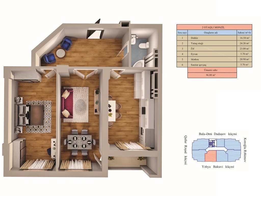 Zumrud Residence 2 otaqli 96,00 kvm