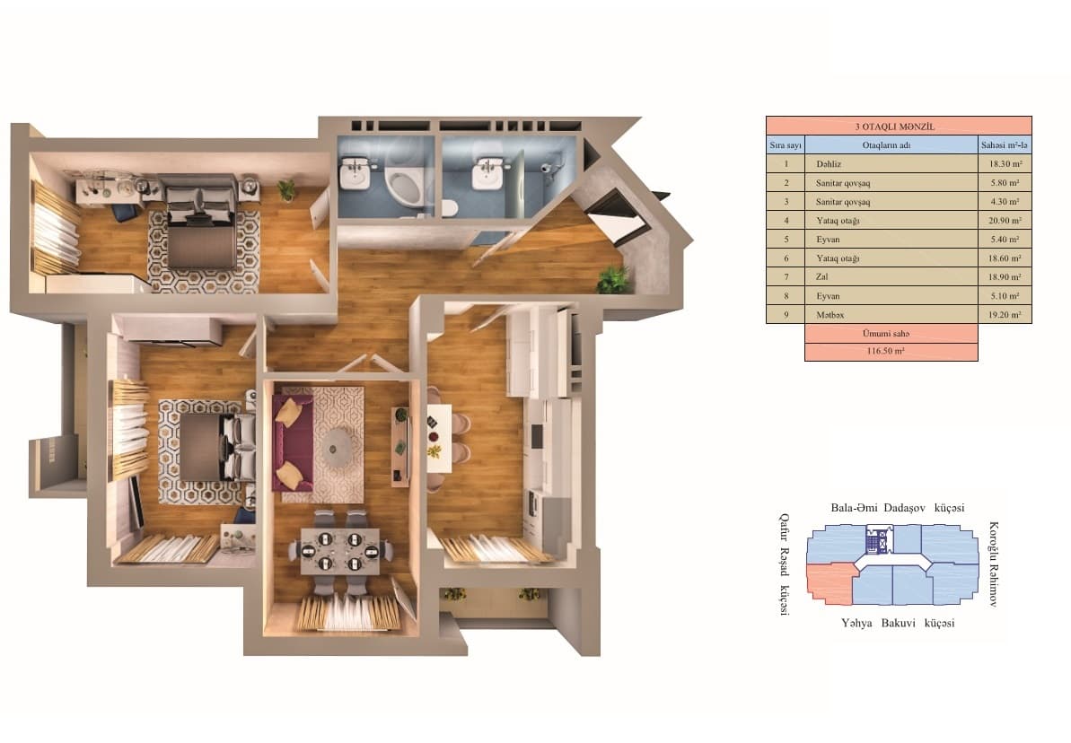 Zumrud Residence 3 комнаты 116,50 квм - 2