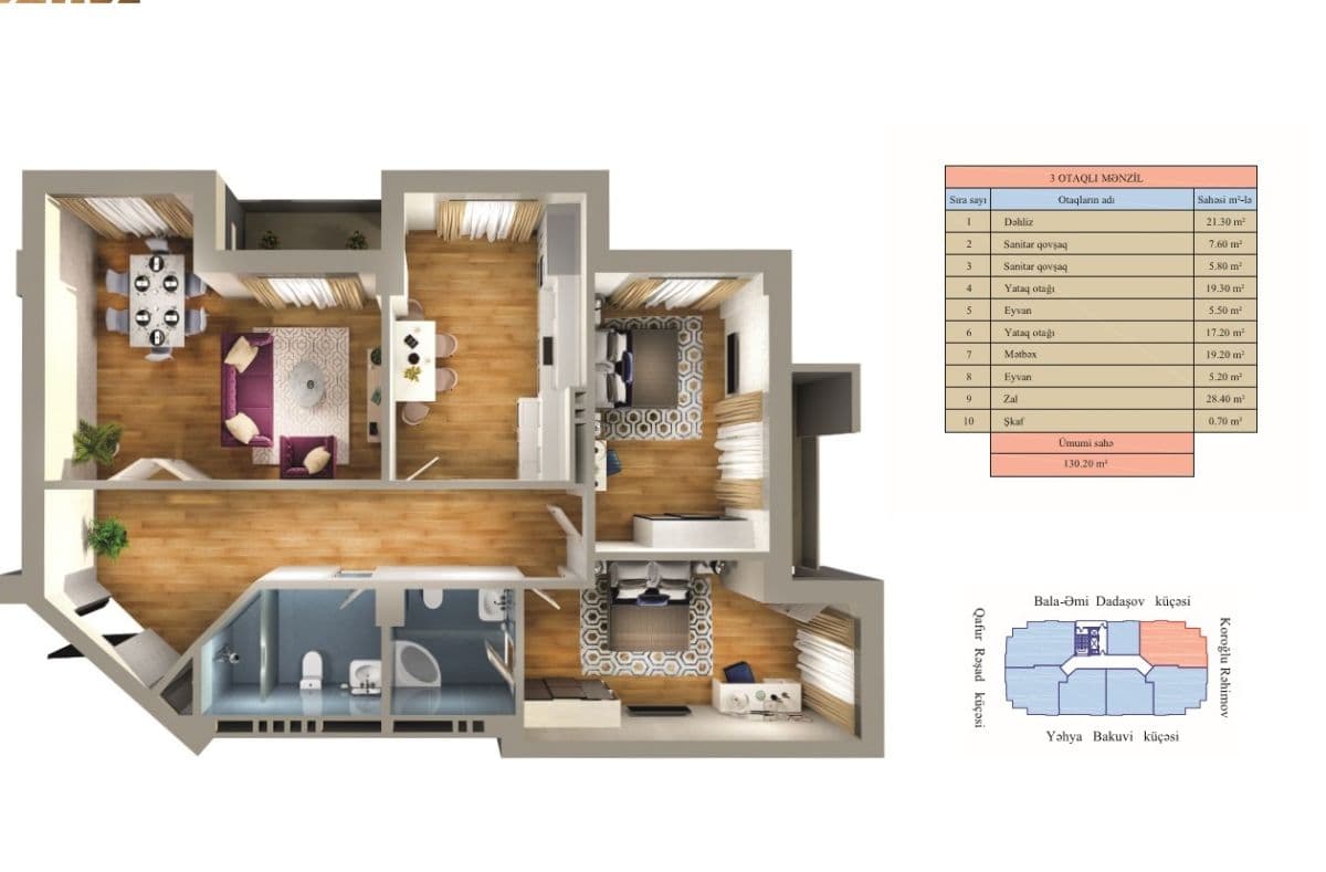 Zumrud Residence 3 otaqli 130,20 kvm
