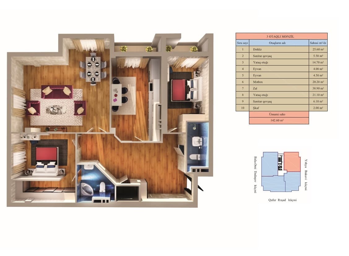 Zumrud Residence 3 otaqli 142,60 kvm