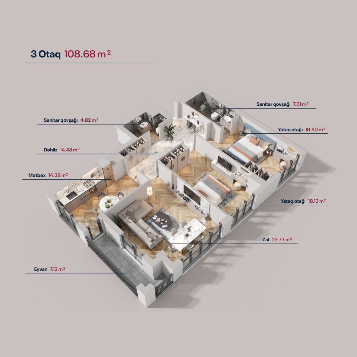108.68 kvm, 3 otaqlı mənzil - 2