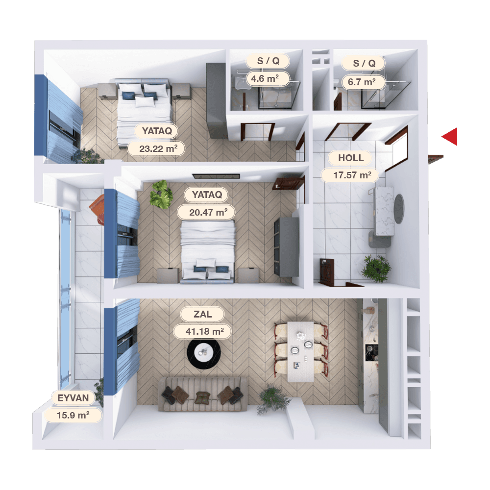 3 otaqlı mənzil,  129.36 kvm - 2