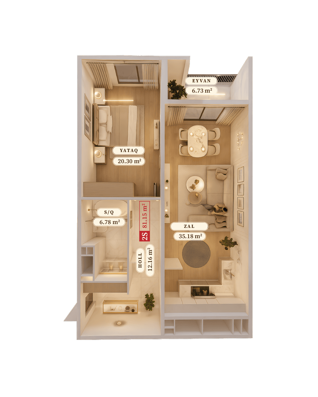 81.15 kvm, 2 otaqlı studio mənzil