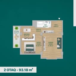 93.18 kvm, 2 otaqlı mənzil