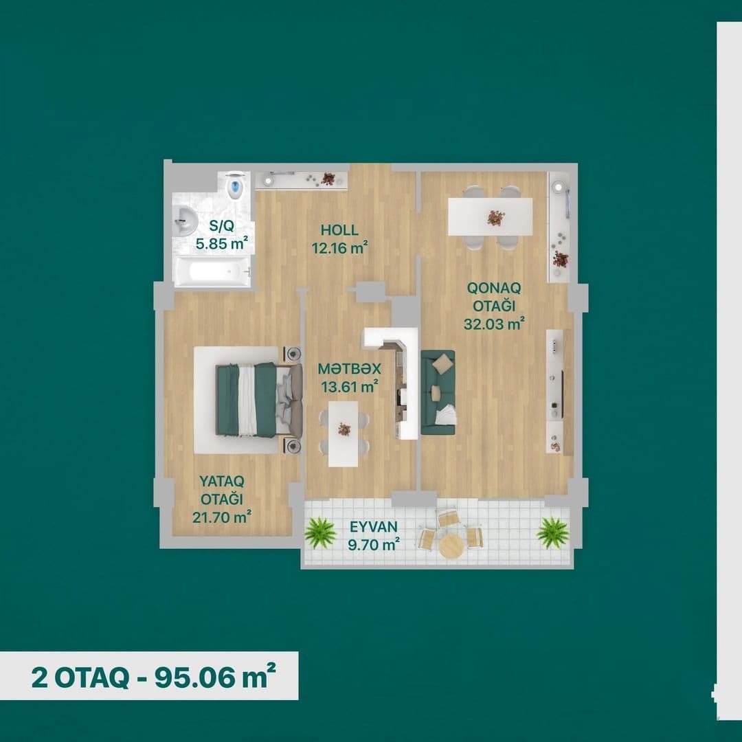 95.06 kvm, 2 otaqlı mənzil - 2