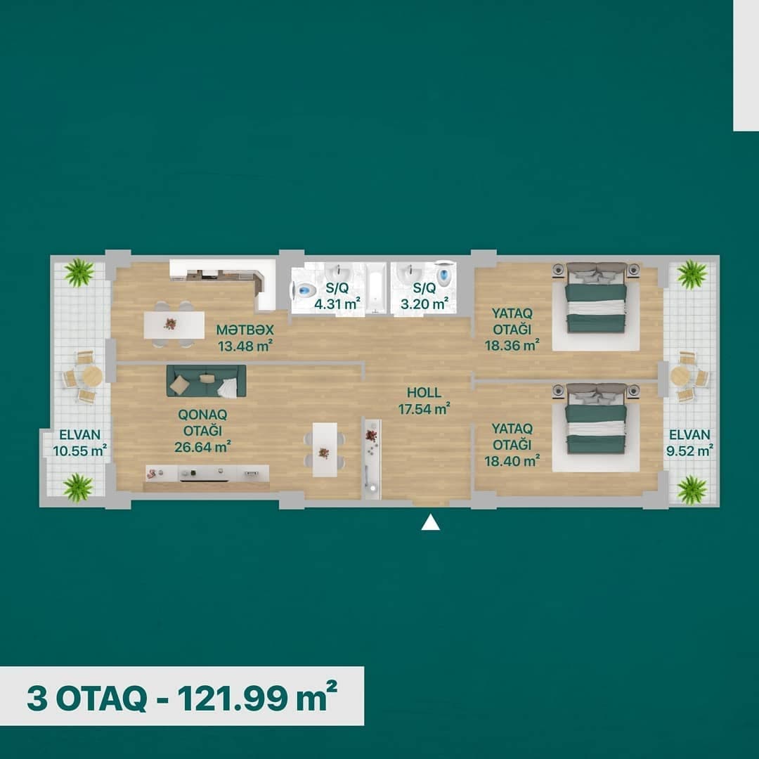 121.99 kvm, 3 otaqlı mənzil