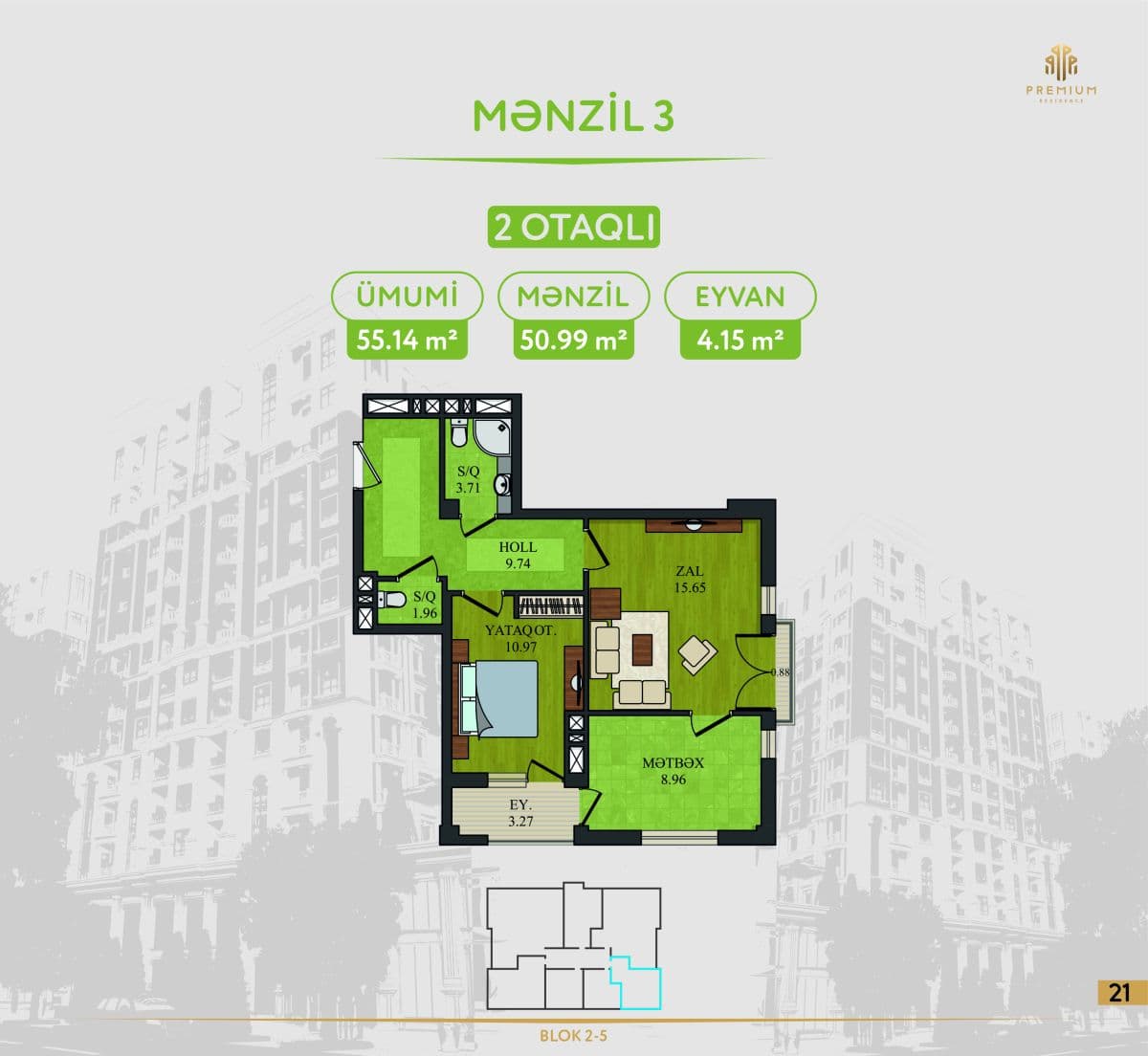 5 Ulduz 2 комнаты 55,14 квм - 2