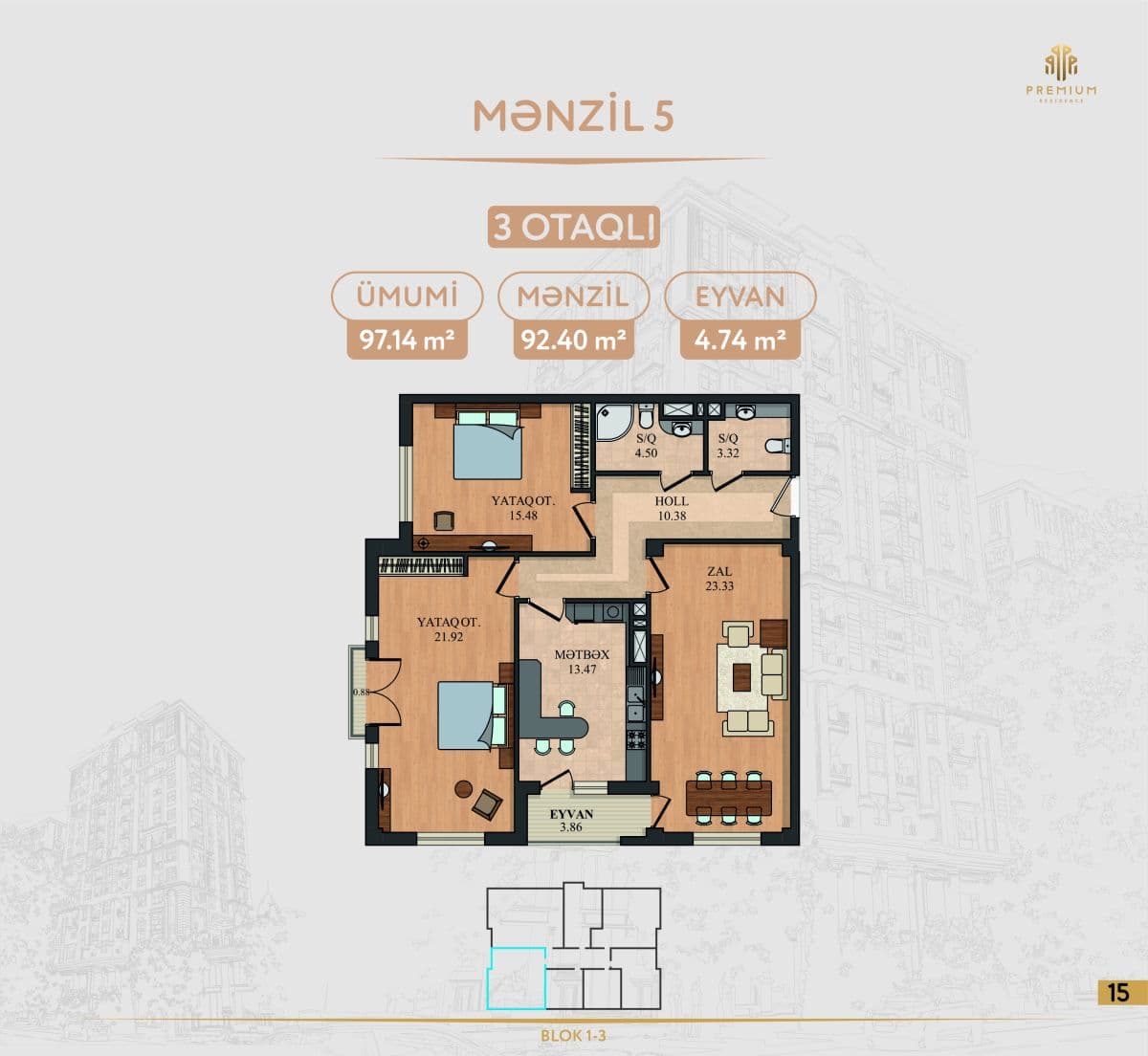 5 Ulduz 3 комнаты 97,14 квм - 2