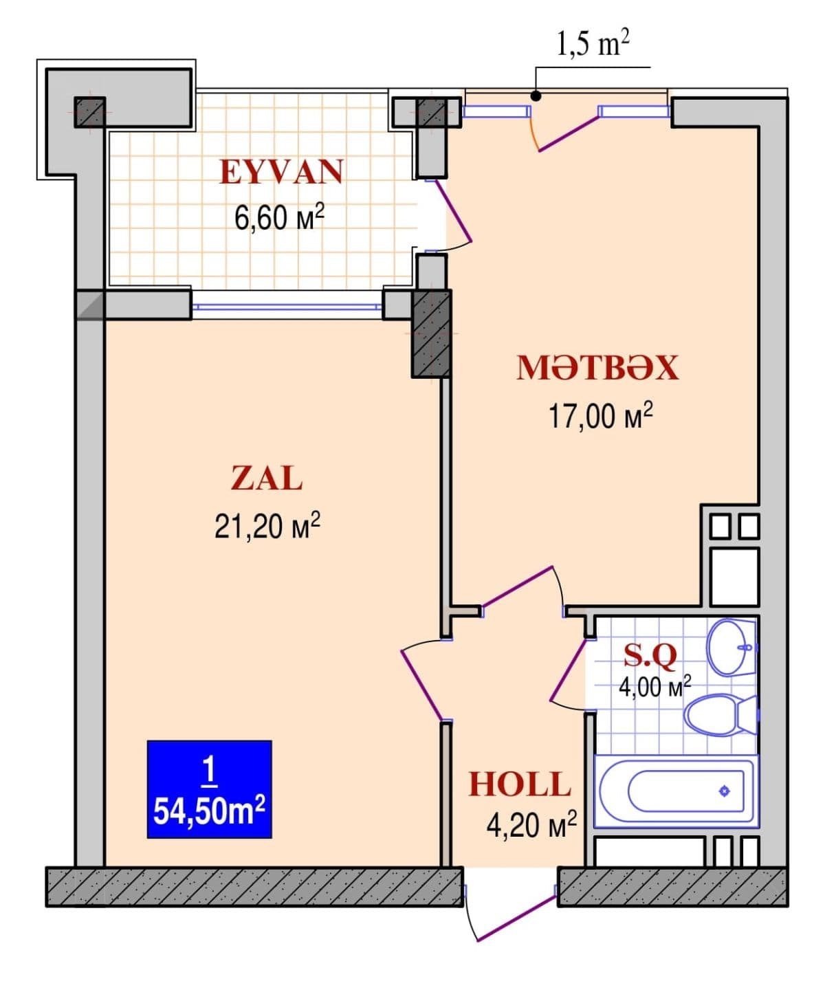 Grand Plaza 1 otaq 54,50 kvm