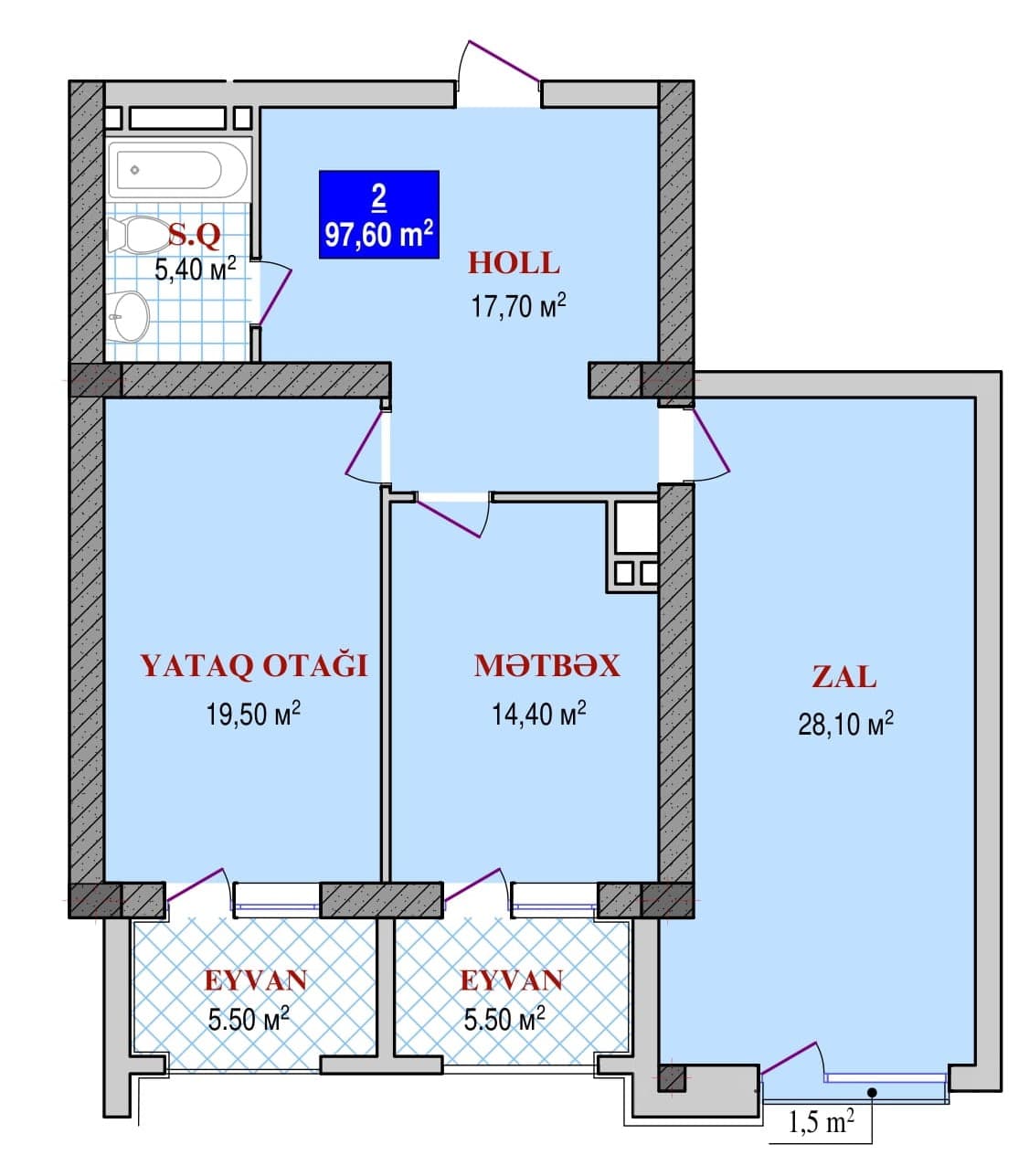 Grand Plaza 2 otaq 97,60 kvm