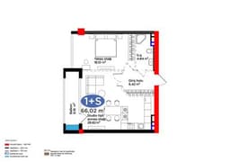 66.02 kvm, 2 otaqlı studio mənzil