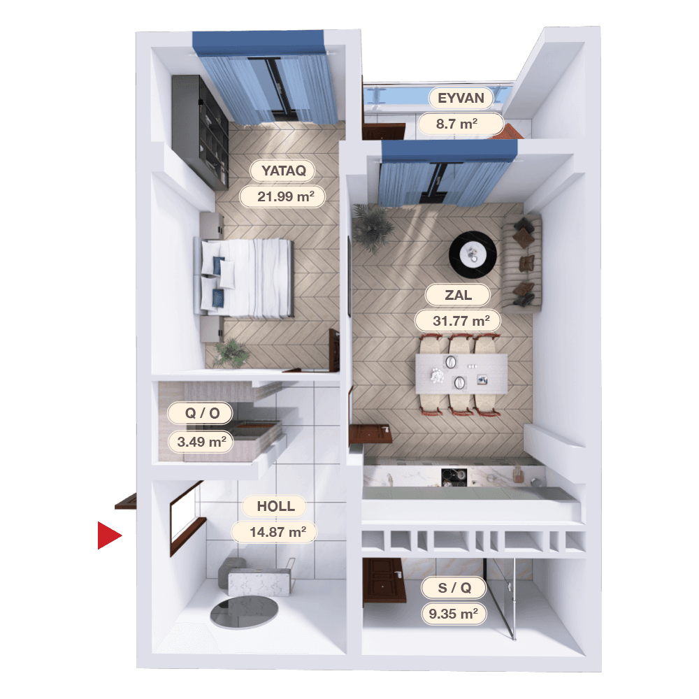 2 otaq studio,  90.16 kvm - 2