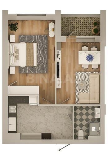 58 kvm, 2 otaqlı studio mənzil