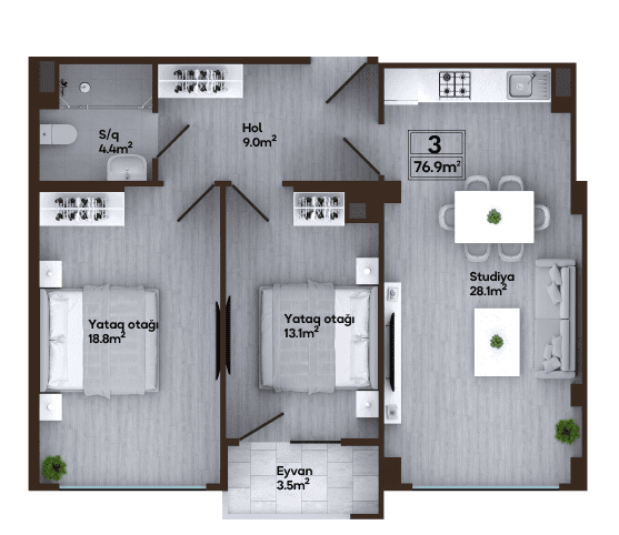 Melissa Park 3 otaq studio 76,90 kv.m, G2 blok - 2