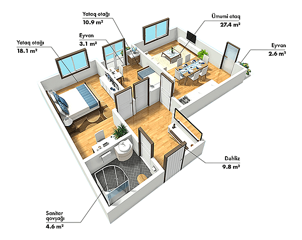 SkyHome 3 комнаты 76.50 квм - 2