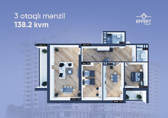 3 rooms, 138.20 sq.m.