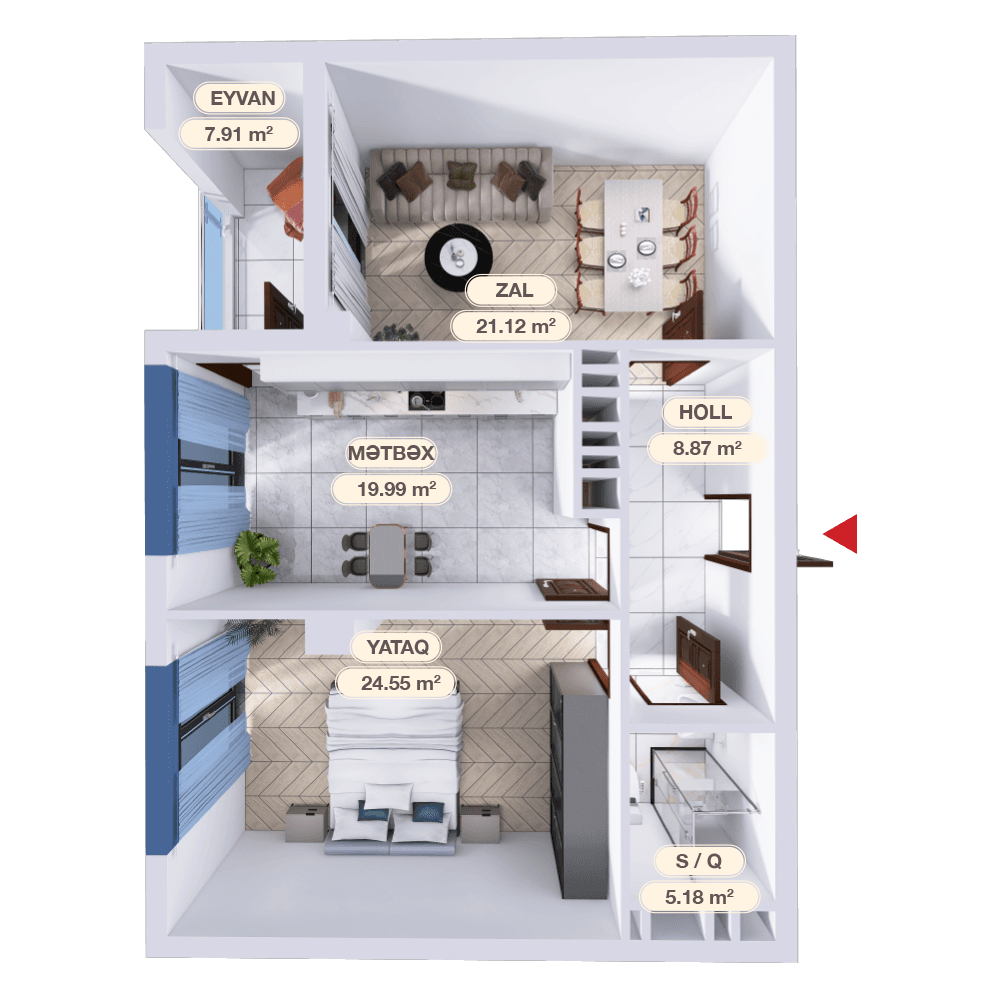 2 otaq studio,  87.62 kvm - 2