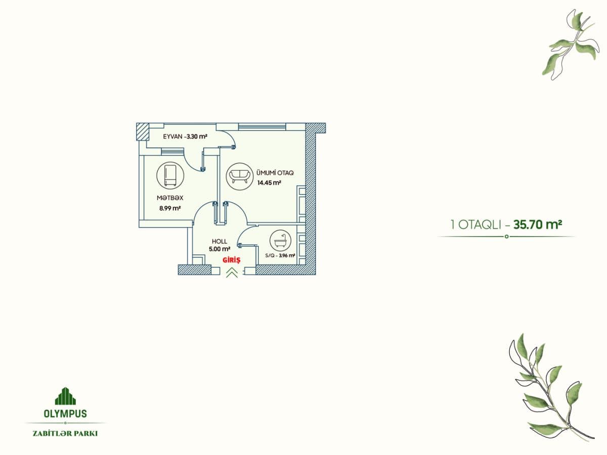 Olympus Zabitlər Parkı 1 otaq 35,70 kvm