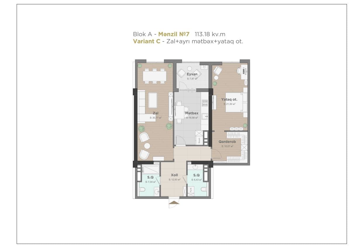 Nizami city, 2 otaq 113.18 kv.m.