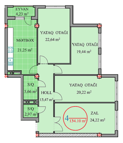 4 otaq, 134.10 kv.m - 2