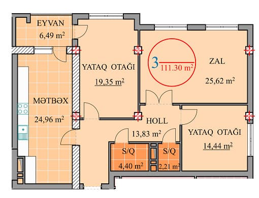 3 комнаты, 111,30 кв.м. - 2