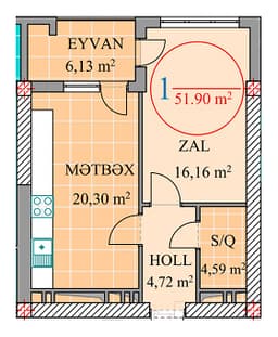 1 комната, 51,90 кв.м.