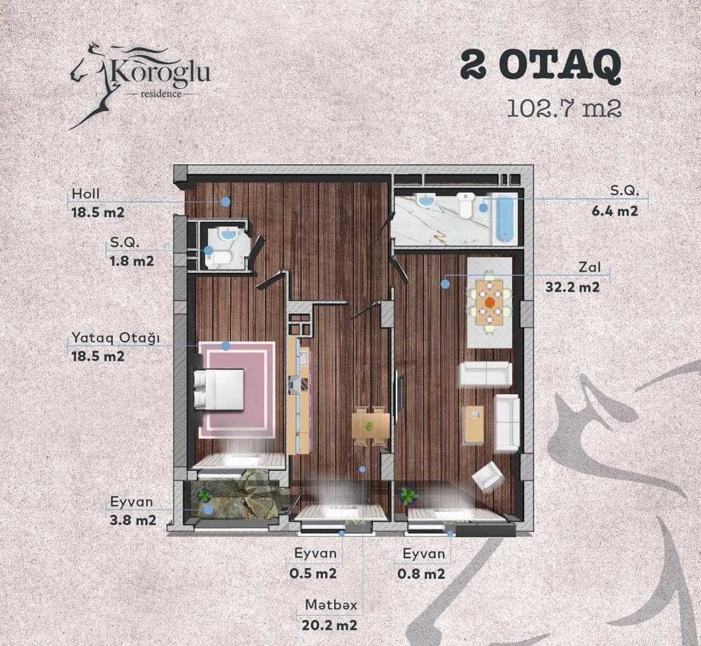 Koroglu Residence, 2 otaq 102.70 kv.m. - 2